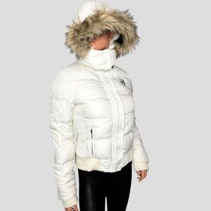 American Eagle Down Feather Puffer Jacket M White Faux Fur Hood Y2K Snow Bunny